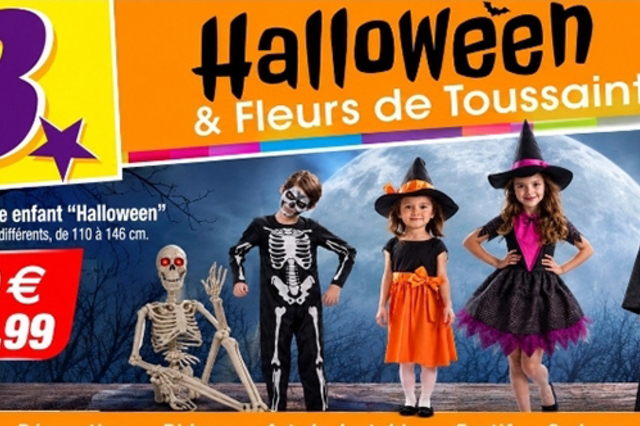 Bazarland Canet-en-Roussillon : affiche Halloween 2026 avec déguisements d'enfants dès 3,99 €, squelette lumineux et promotions jusqu'au 1er novembre.