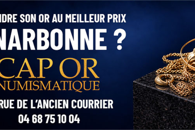 Cap Or Numismatique Narbonne : visuel présentant des bagues, chaînes et bijoux en or, avec l'adresse du magasin au 23 rue de l'Ancien Courrier.