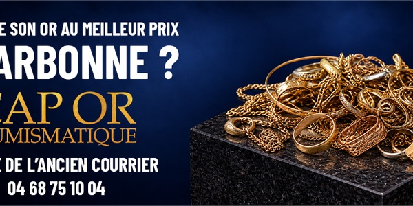 Cap Or Numismatique Narbonne : visuel présentant des bagues, chaînes et bijoux en or, avec l'adresse du magasin au 23 rue de l'Ancien Courrier.