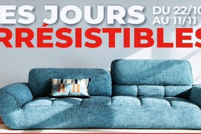 Cuir Center Perpignan : canapé LINA 3 places en tissu bleu à 1 690 € au lieu de 2 230 € pendant les Jours Irrésistibles 2026.