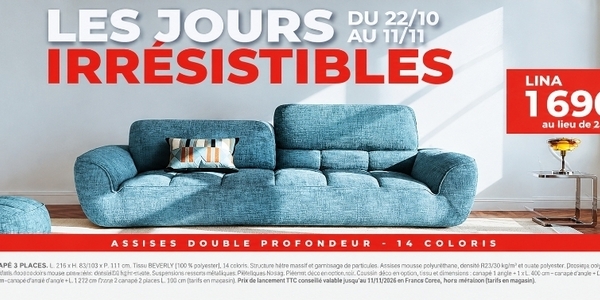 Cuir Center Perpignan : canapé LINA 3 places en tissu bleu à 1 690 € au lieu de 2 230 € pendant les Jours Irrésistibles 2026.