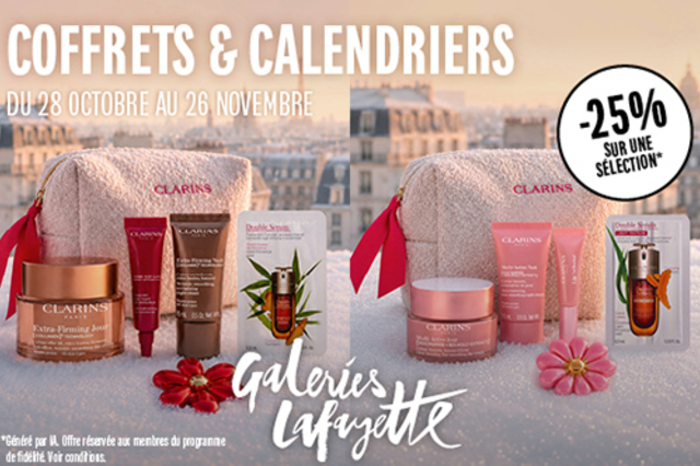 Galeries Lafayette Perpignan : promotion de 25 % sur une sélection de coffrets beauté et calendriers de l'Avent, illustrée par des produits Clarins.