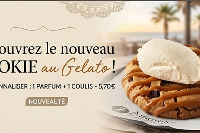 Cookie chaud accompagné d'une portion de gelato italien chez Amorino Canet-en-Roussillon.