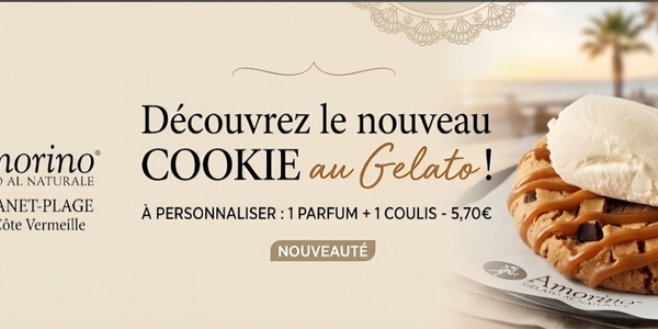 Cookie chaud accompagné d'une portion de gelato italien chez Amorino Canet-en-Roussillon.